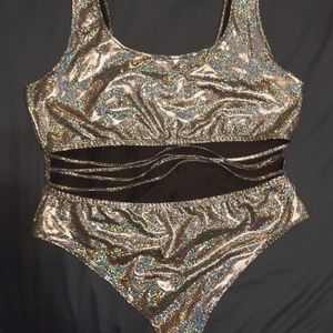Forever 21+ Curve 2x Iridescent Cutout Thong Bodysuit in Black/Silver